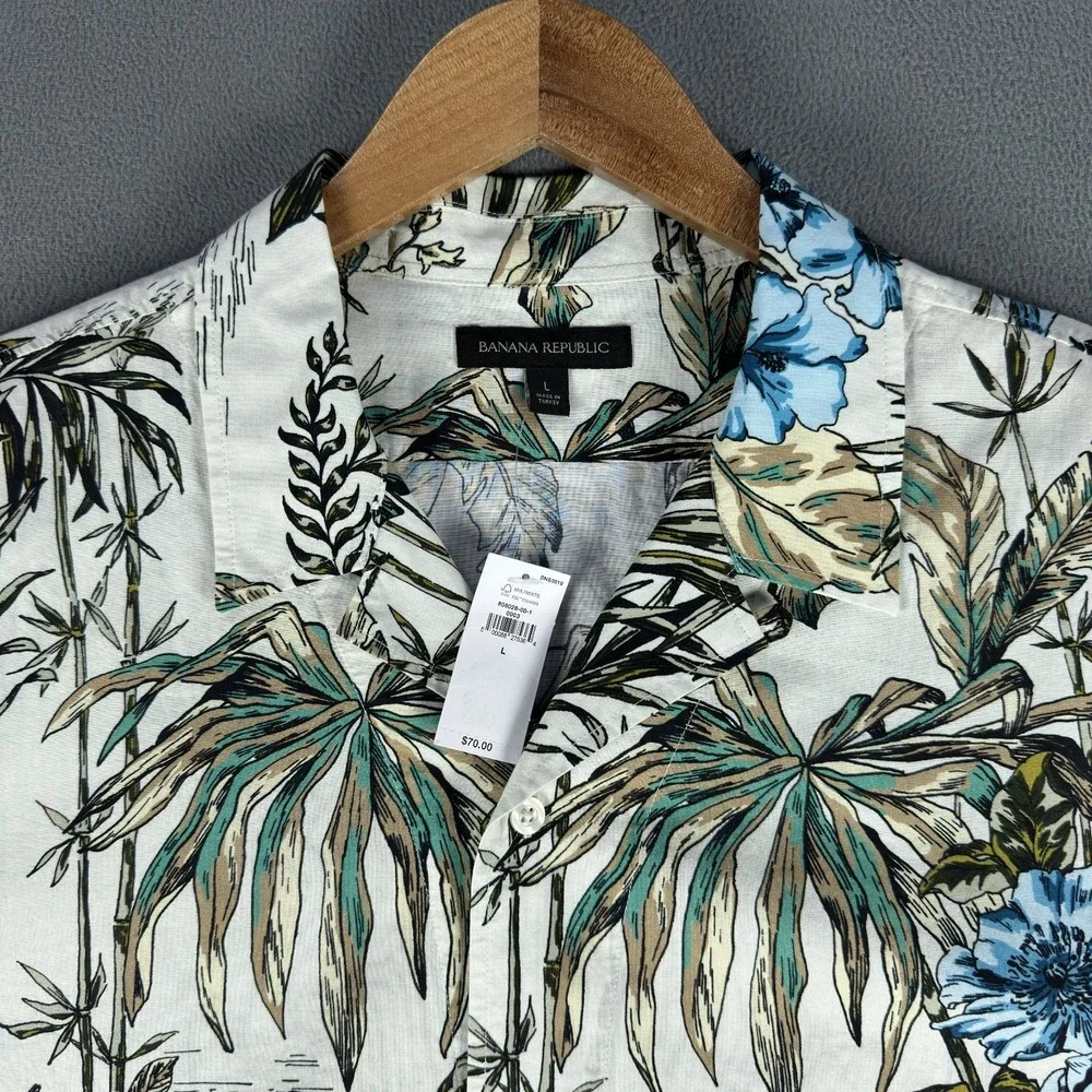 Banana Republic Shirt Large Beige Floral Hawaiian Resort Camp Loop Collar New